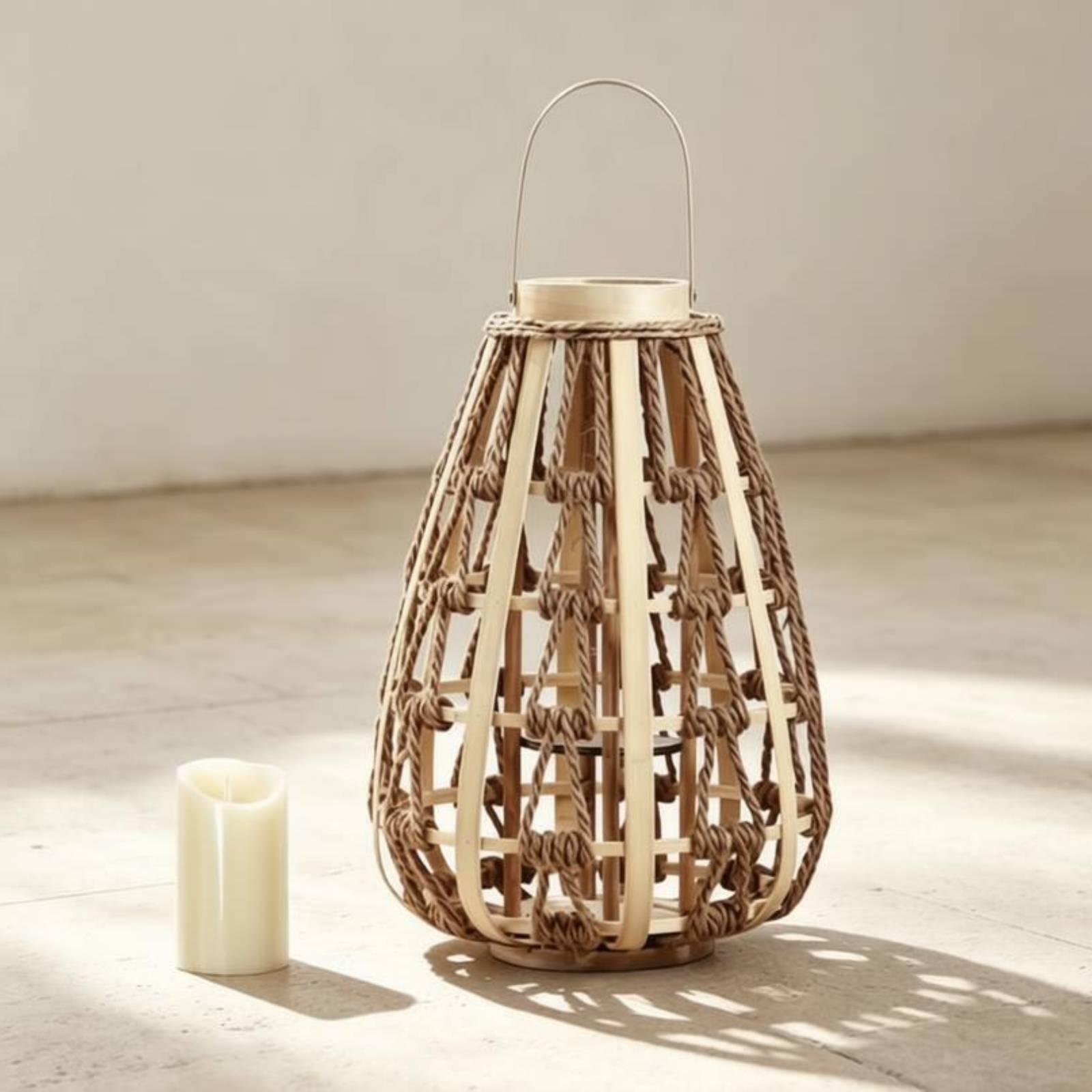 Candle Holder Decor - เชิงเทียนเชือกไม้ธรรมชาติ ดีไซน์ทรงหยดน้ำ ทำมือ โครงไม้ไผ่ ตกแต่งสไตล์ชนบท สำหรับชั้นวางของในบ้าน