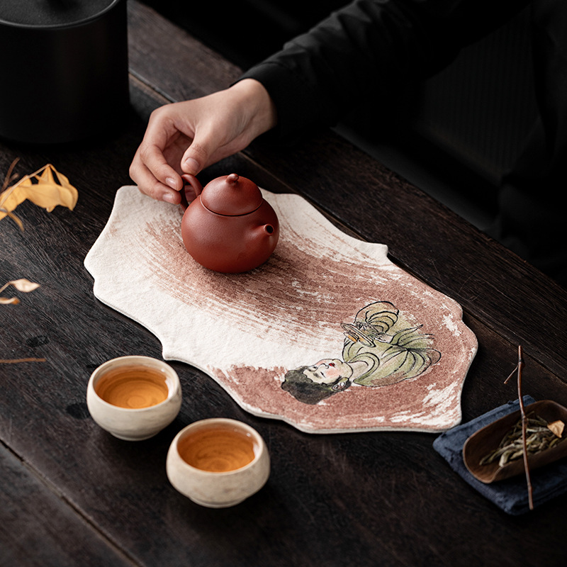 Table Runner - เสื่อรองชาแบบแห้งกันน้ำสไตล์เซน ลายลูกพลับวาดมือ ผ้ารองชาลายภาพวาดโบราณ ผ้าปูโต๊ะสำหรับพิธีชงชา