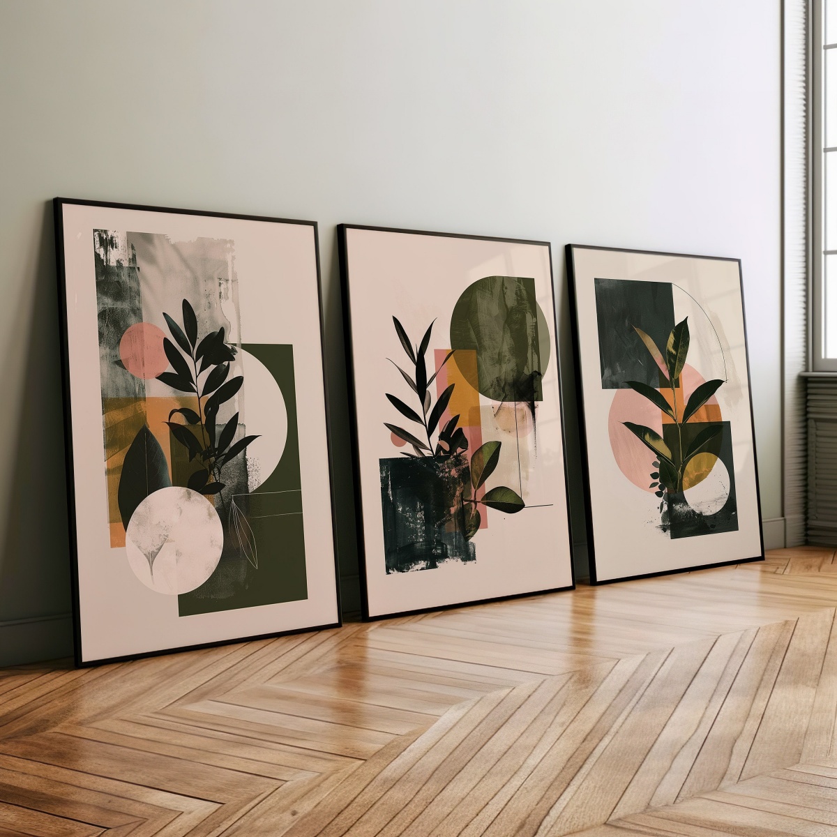 Abstract Canvas Set - ชุด 3 ชิ้น/เซ็ต ภาพพิมพ์บนผ้าใบลายเรขาคณิตสไตล์โบโฮ ภาพโปสเตอร์ศิลปะพฤกษศาสตร์แบบมินิมอลทันสมัย ตกแต่งผนังห้องนอน