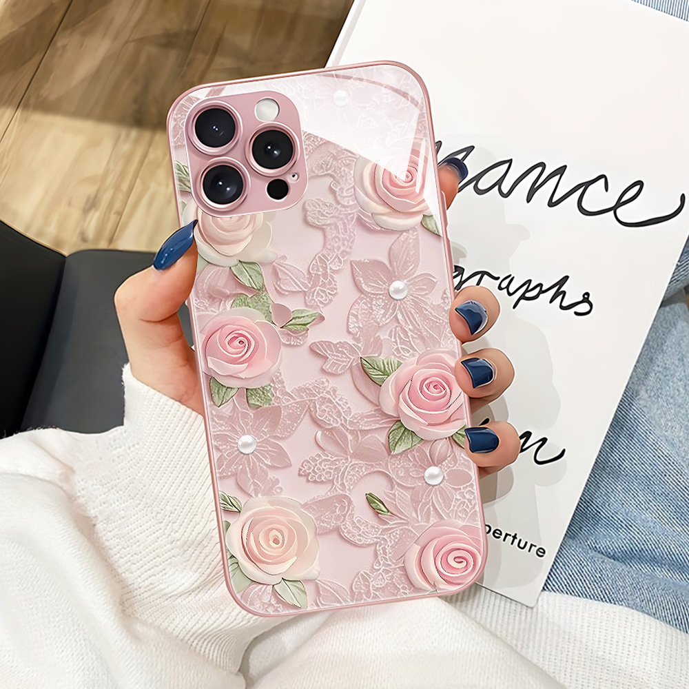 Vase Decor - เคสโทรศัพท์กระจกนิรภัยลายดอกไม้สีชมพูสำหรับ Samsung S26 Ultra S25 S24