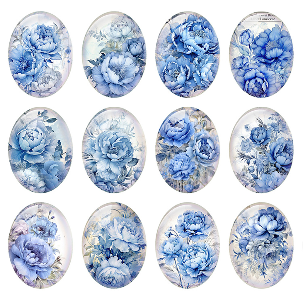 Vase Decor - กระจกคาโบชองรูปดอกโบตั๋นสีน้ำเงินทรงกลม/วงรี/สี่เหลี่ยมแบบสุ่ม สำหรับงาน DIY เครื่องประดับทำมือ