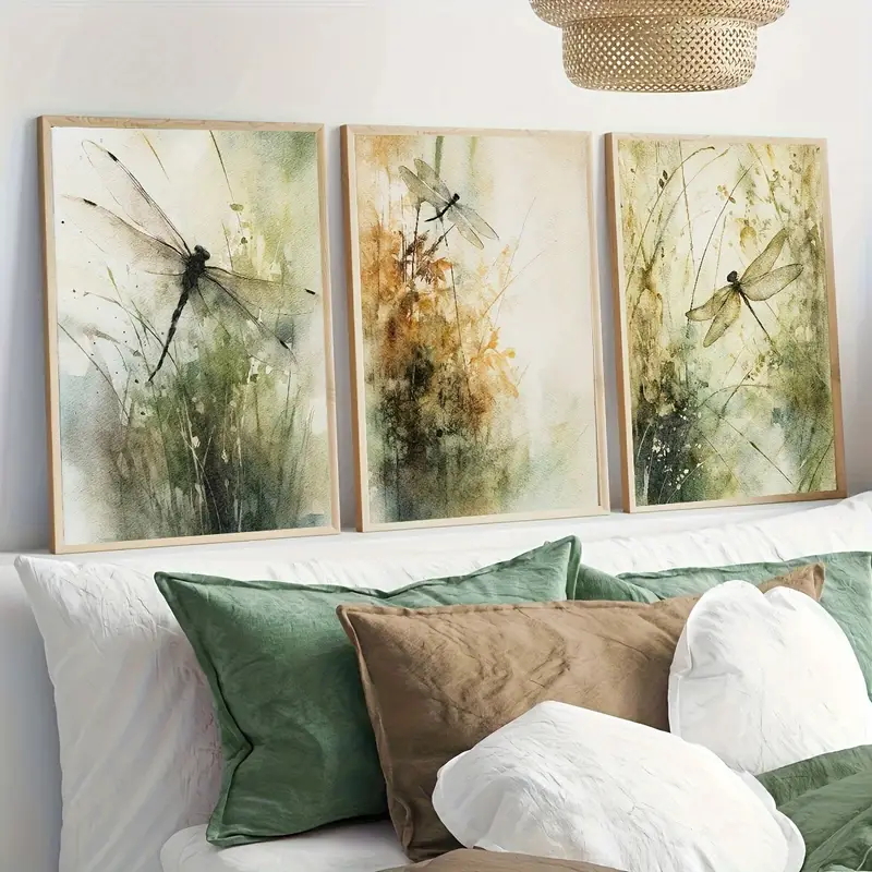 Abstract Canvas Set - ชุดภาพพิมพ์บนผ้าแคนวาสลายแมลงปอสไตล์นอร์ดิก 3 ชิ้น/เซ็ต สำหรับตกแต่งผนังห้องนั่งเล่นสไตล์โมเดิร์น ไม่มีกรอบ