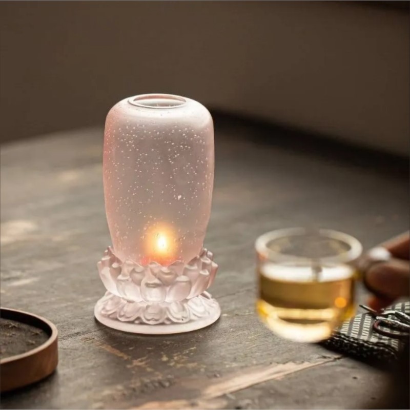 Candle Holder Decor - เชิงเทียนแก้วลายดอกบัวโบราณ ของตกแต่งโต๊ะน้ำชา ของประดับตกแต่งบ้านสไตล์จีน สำหรับพิธีชงชา รุ่น ZI523