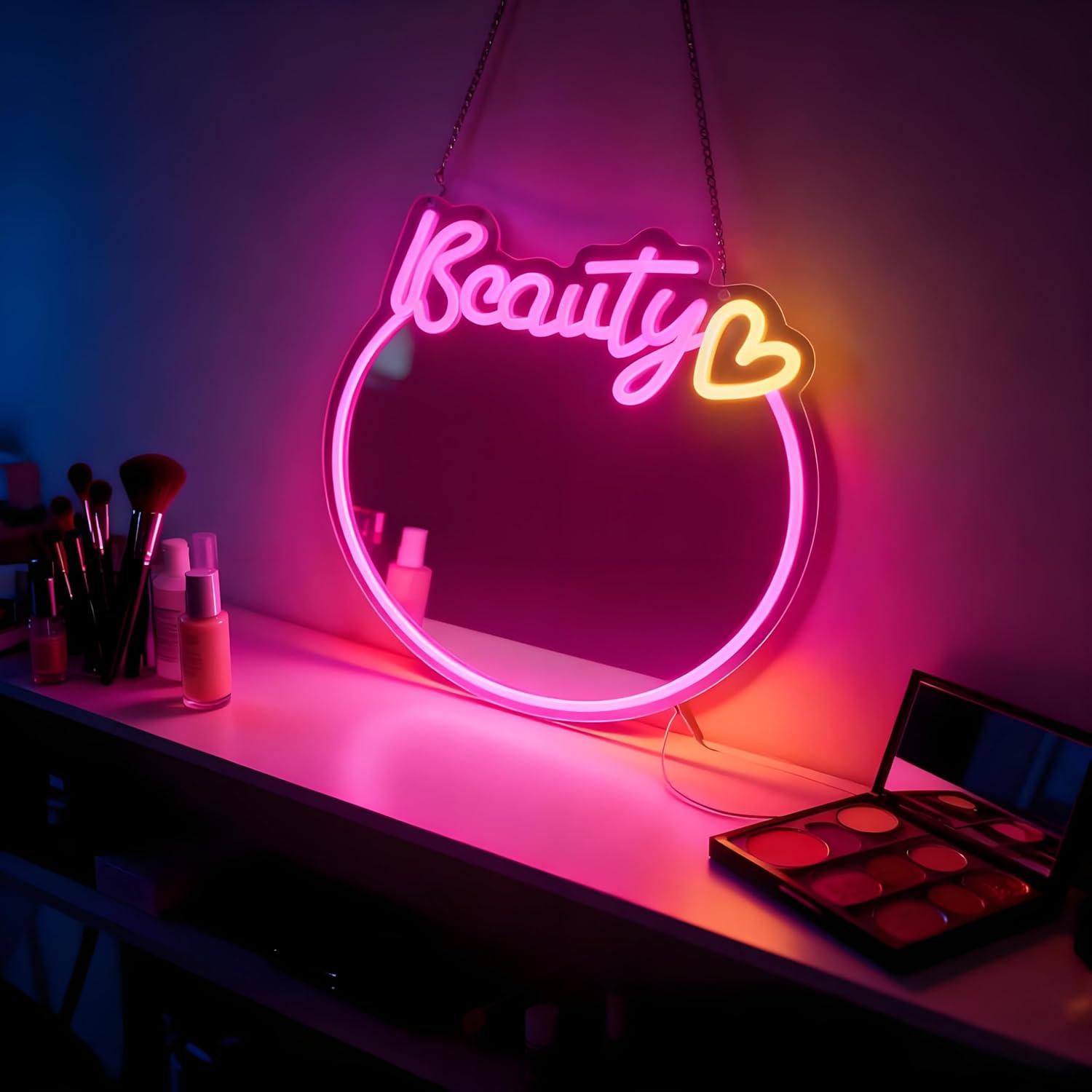 Decorative Mirror - ป้ายไฟนีออนรูปกระจกแต่งหน้า ไฟ LED ปรับความสว่างได้ด้วย USB สำหรับห้องแต่งตัว