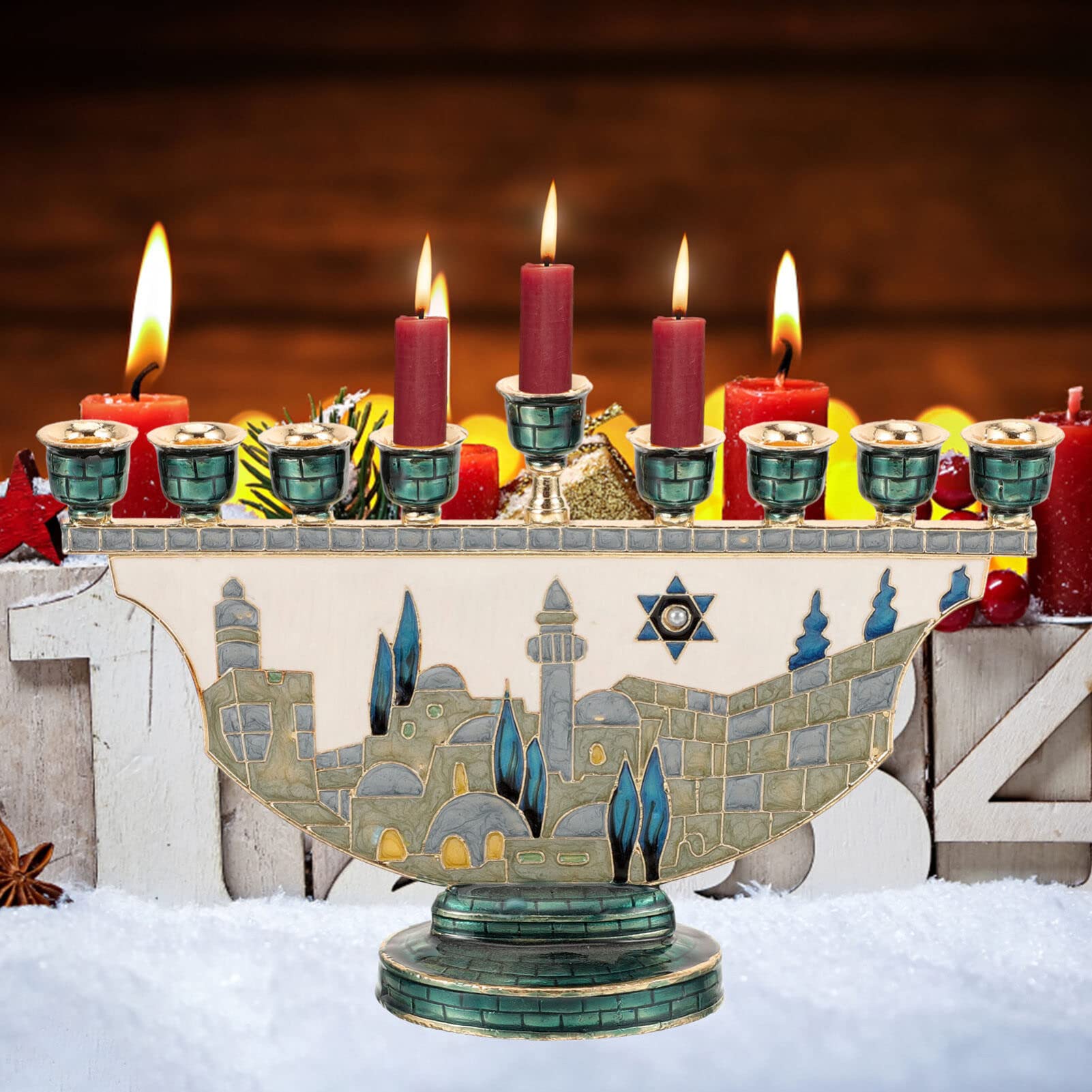 Candle Holder Decor - เชิงเทียนเมโนราห์ เยรูซาเล็ม 9 แขน สำหรับวันฮานุกกะห์ งานเคลือบเงา